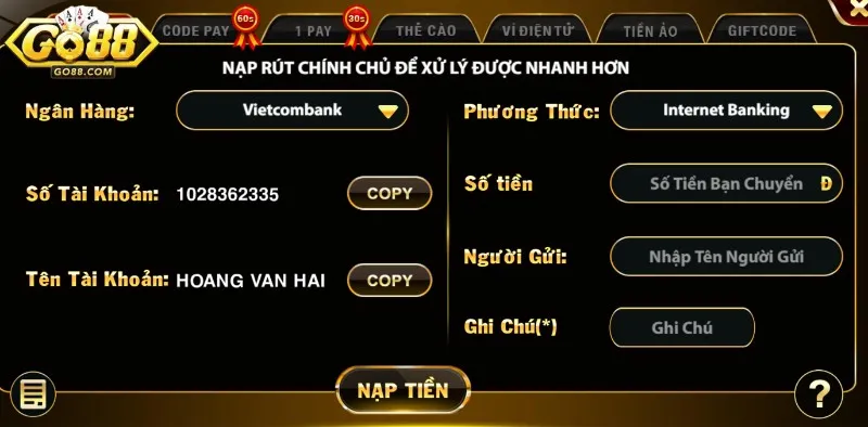 Điều kiện nạp tiền Go88 là gì?
